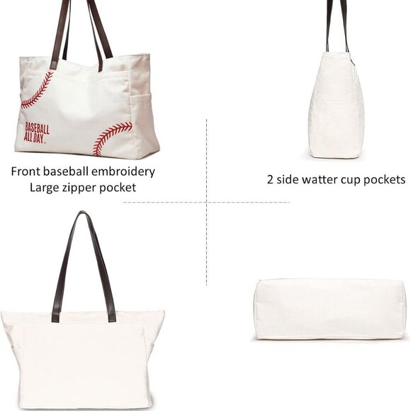 Baseball Mom Bag Canvas Sports Tote Large Capacity Gifts for Women Youth - Picture 4 of 9